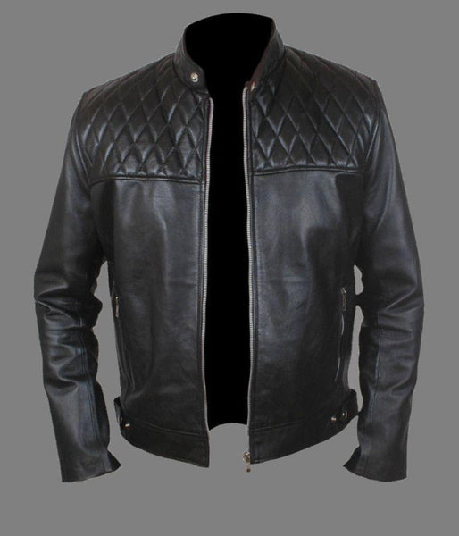 Noora New Men's Black Lambskin Leather Quilted Biker Jacket With Zipper Designer Quilted Leather Jacket - Noora International