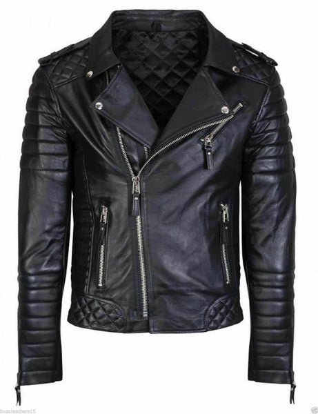 NOORA New Mens Black Leather Jacket, Quilted Designer Shiny Jacket Retro Style Biker Jacket YK0100 - Noora International