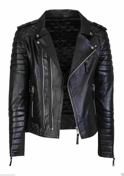 NOORA New Mens Black Leather Jacket, Quilted Designer Shiny Jacket Retro Style Biker Jacket YK0100 - Noora International