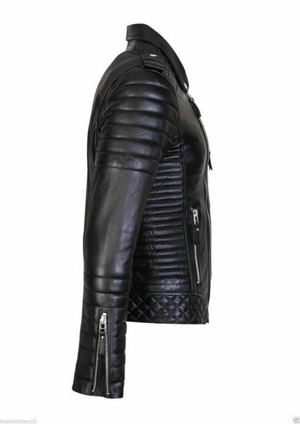 NOORA New Mens Black Leather Jacket, Quilted Designer Shiny Jacket Retro Style Biker Jacket YK0100 - Noora International