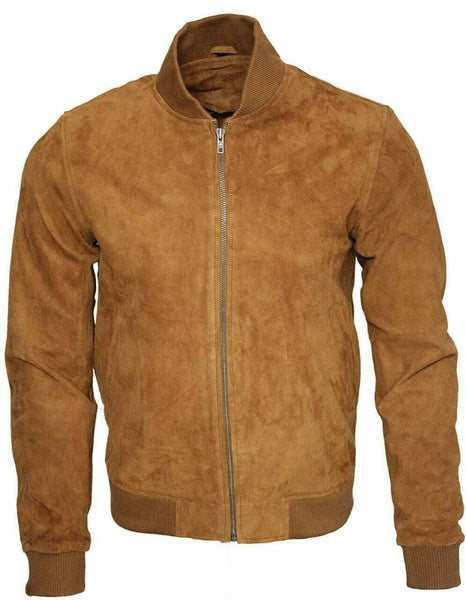 NOORA New Mens Brown Fashion Cowhide Suede Bomber Lambskin Leather Jacket WA154 - Noora International