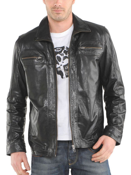 Noora New Men's Lambskin Black Leather Jacket With Collar & Zippers - Noora International