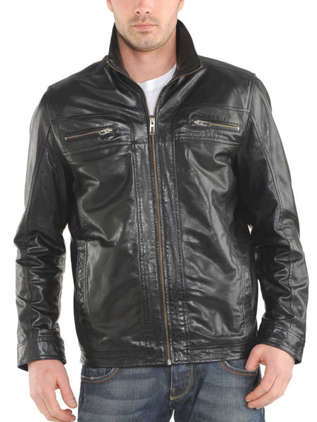 Noora New Men's Lambskin Black Leather Jacket With Collar & Zippers - Noora International