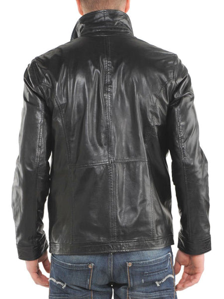 Noora New Men's Lambskin Black Leather Jacket With Collar & Zippers - Noora International