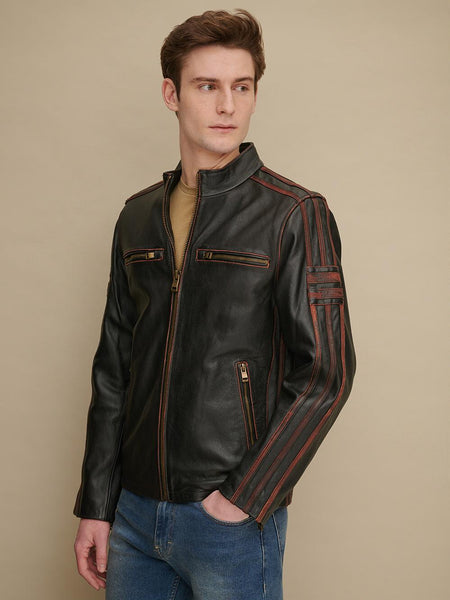 Noora New Men's Lambskin Leather Black Jacket With Red Strips Designer Motorcycle biker Leather Jacket SU06 - Noora International