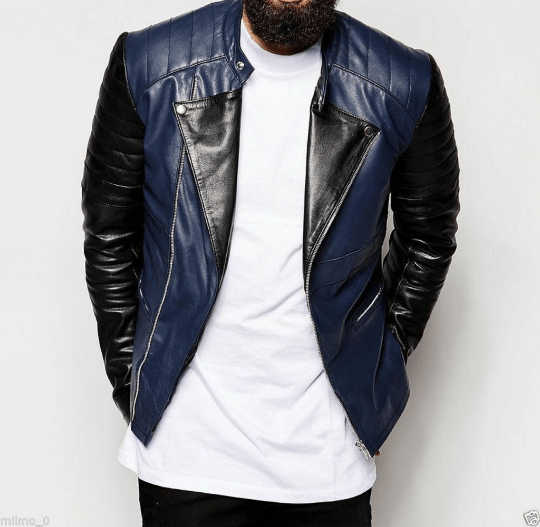Noora New Mens Lambskin Leather Casual Color Block Black & Navy Blue Combination Quilted Leather Jacket With Zipper & Pocket SU078 - Noora International