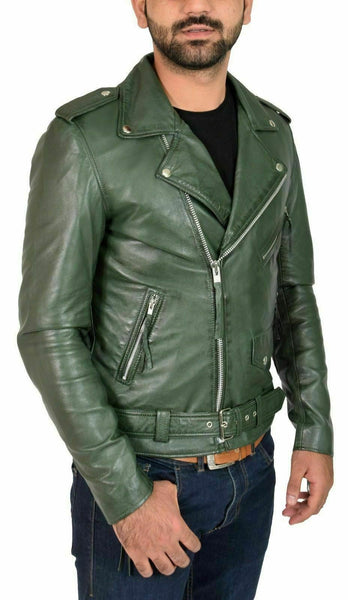 NOORA New Men's Lambskin Leather Green Jacket Bikers Bomber Modern Styles QD215 - Noora International