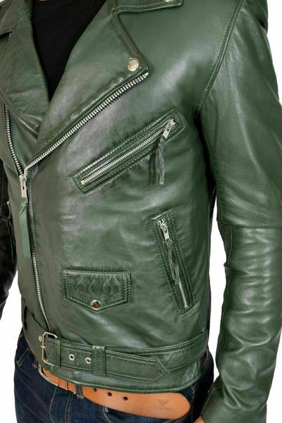 NOORA New Men's Lambskin Leather Green Jacket Bikers Bomber Modern Styles QD215 - Noora International