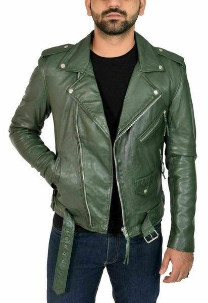 NOORA New Men's Lambskin Leather Green Jacket Bikers Bomber Modern Styles QD215 - Noora International