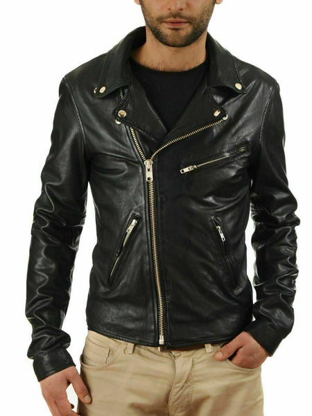 Noora New Men's Lambskin Leather Jacket Motorcycle Black Biker Slim Fit WA188 - Noora International