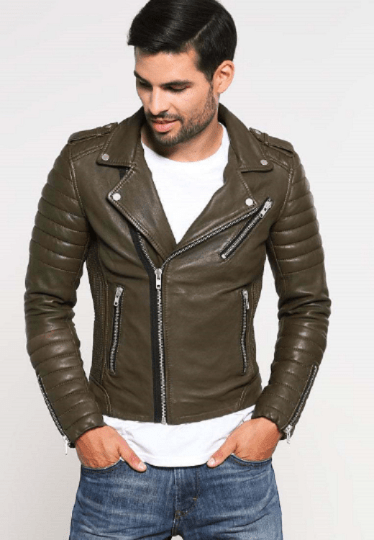 Noora New Men's Lambskin Leather Olive Green Quilted Biker Jacket With Zipper & Pocket Designer - Noora International
