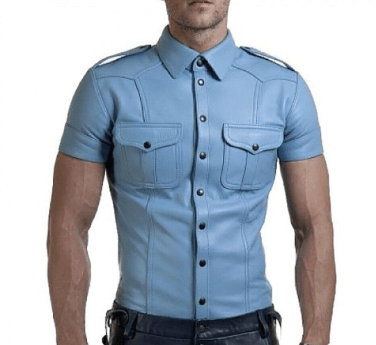 Noora New Men's Lambskin Leather Sky Blue Half Sleeves Shirt , Uniform Leather Shirt With Shoulder Strap - Noora International