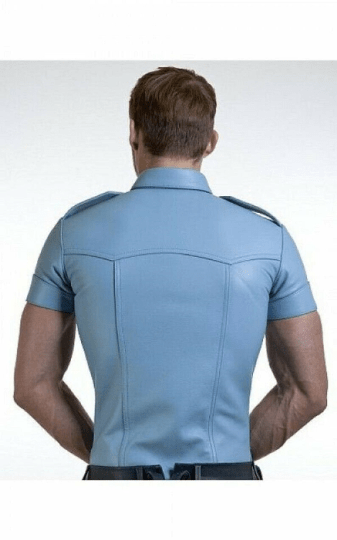 Noora New Men's Lambskin Leather Sky Blue Half Sleeves Shirt , Uniform Leather Shirt With Shoulder Strap - Noora International