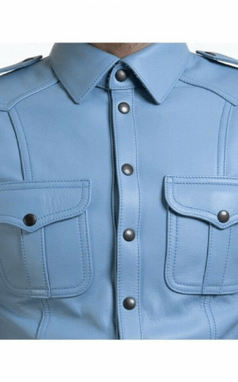 Noora New Men's Lambskin Leather Sky Blue Half Sleeves Shirt , Uniform Leather Shirt With Shoulder Strap - Noora International