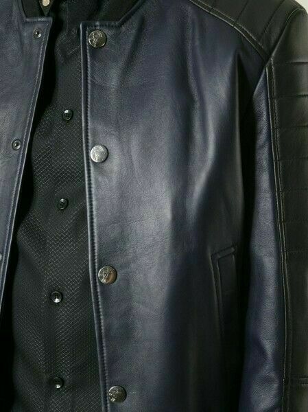 Noora New Mens Lambskin Navy Blue Leather Jacket, Glossy Bomber Biker Slim Fit Color Block Leather Jacket YK0104 - Noora International