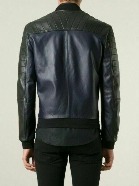 Noora New Mens Lambskin Navy Blue Leather Jacket, Glossy Bomber Biker Slim Fit Color Block Leather Jacket YK0104 - Noora International