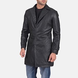 NOORA NEW Men's Leather Black Trench Lambskin Leather Jacket Long Trench coat With Quilted Knotch Lapel classic trench coat SB186 - Noora International