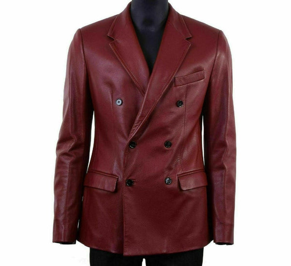 Noora New Mens Real Lambskin Leather Blazer Red Coat Classic Comfort Leather Double Breasted Red Coat SJ338 - Noora International