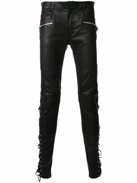 Noora New Men's Real Leather Laces Up Bikers Pants Laces Up Pants leather pants Black Leather Pants WA20 - Noora International