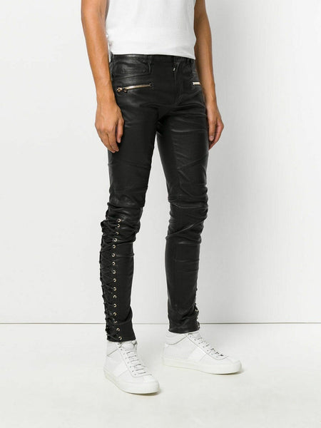 Noora New Men's Real Leather Laces Up Bikers Pants Laces Up Pants leather pants Black Leather Pants WA20 - Noora International