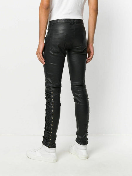 Noora New Men's Real Leather Laces Up Bikers Pants Laces Up Pants leather pants Black Leather Pants WA20 - Noora International