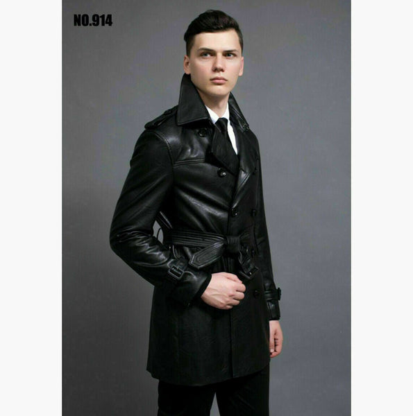 Noora New Mens Shiny Black Leather Trench Coat | Overcoat Belted Lapel | Midi Coat, Winter Coat With Button YK097 - Noora International