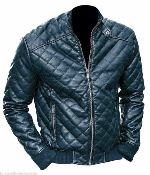 Noora New Original Soft Lambskin Premium Quilted Blue Leather Jacket For Men - Noora International