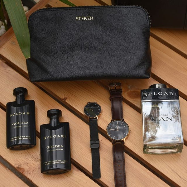 Noora New Stylish Black Leather Unisex travel pouch With One main compartment One zip pocket. - Noora International