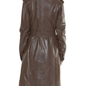 NOORA New Stylish Lambaskin Soft Leather Women Brown Genuine Leather Classic Trench Coat, designer coat, winter coat, long Belted coat-SB419 - Noora International