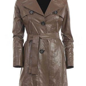 NOORA New Stylish Lambaskin Soft Leather Women Brown Genuine Leather Classic Trench Coat, designer coat, winter coat, long Belted coat-SB419 - Noora International