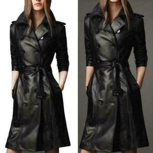 NOORA New Stylish Lambskin Soft Leather Women Black Genuine Leather Trench Coat, designer trench coat Color Available BS05 - Noora International