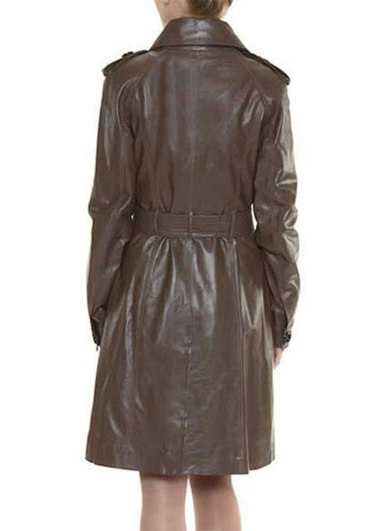 NOORA New Stylish Lambskin Soft Leather Women Brown Genuine Leather Classic Trench Coat, designer coat, winter coat, long Belted coat-SB419 - Noora International