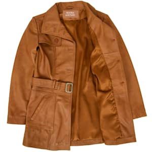 NOORA New Stylish LAMBSKIN Soft Leather Women TAN 100% Genuine Leather Trench Coat, 1960's Designer trech coat , Coller Design Coat SJ520 - Noora International