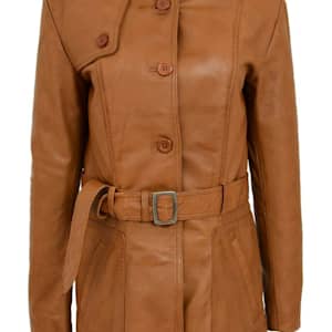NOORA New Stylish LAMBSKIN Soft Leather Women TAN 100% Genuine Leather Trench Coat, 1960's Designer trech coat , Coller Design Coat SJ520 - Noora International