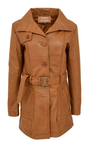 NOORA New Stylish LAMBSKIN Soft Leather Women TAN 100% Genuine Leather Trench Coat, 1960's Designer trech coat , Coller Design Coat SJ520 - Noora International