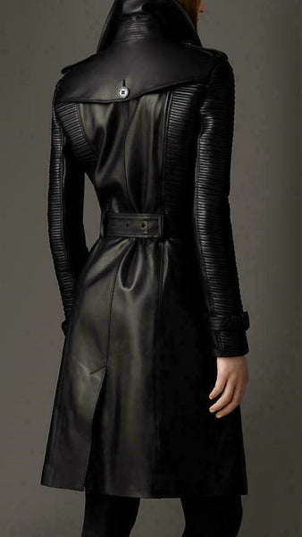 Noora New Stylish Women Black Genuine Lambskin Leather Trench Coat, Designer Party & Club wear Trench coat WA5 - Noora International
