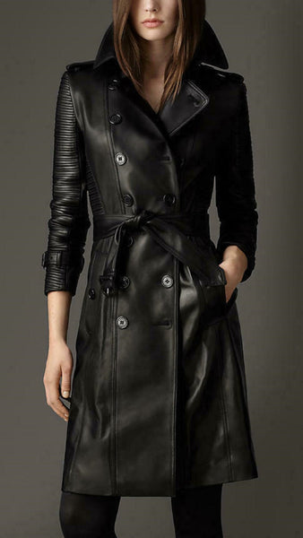 Noora New Stylish Women Black Genuine Lambskin Leather Trench Coat, Designer Party & Club wear Trench coat WA5 - Noora International