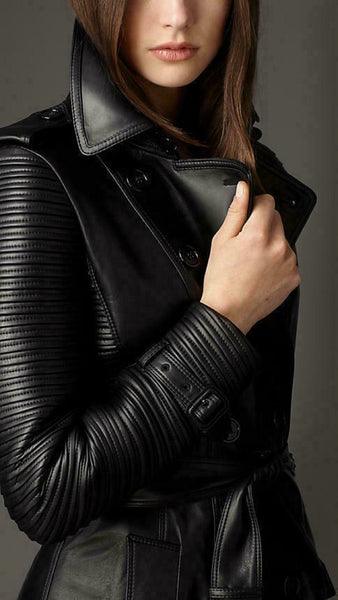Noora New Stylish Women Black Genuine Lambskin Leather Trench Coat, Designer Party & Club wear Trench coat WA5 - Noora International