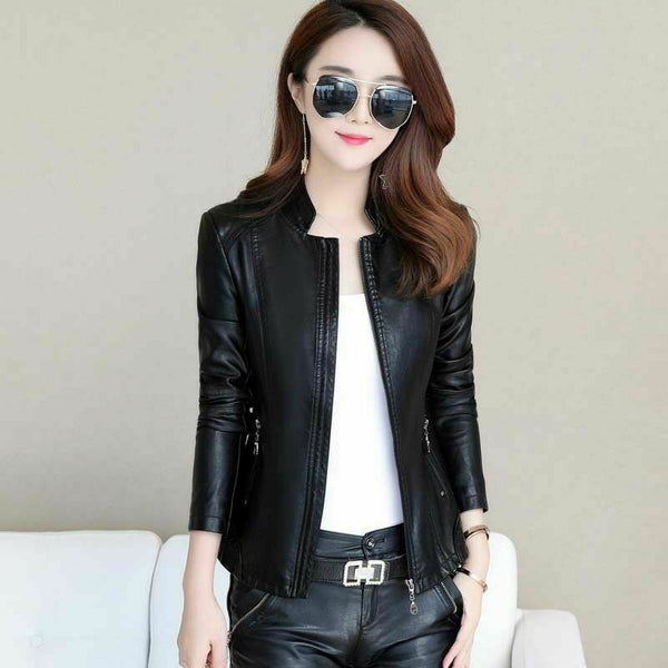 NOORA New Winter Jacket Women Leather Motorcycle Jacket Zip Jacket Short Coat S8 - Noora International
