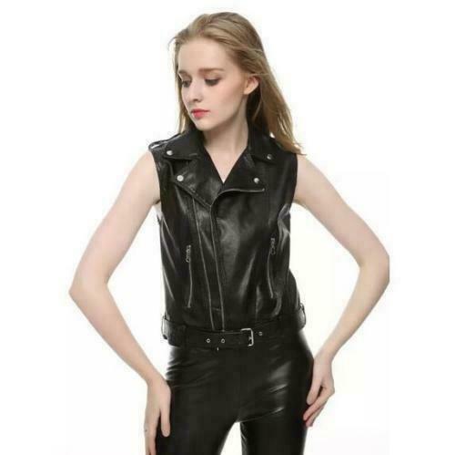 NOORA New Women Genuine Lambskin Black Leather Slim fit Sleeveless Biker Jacket QD60 - Noora International