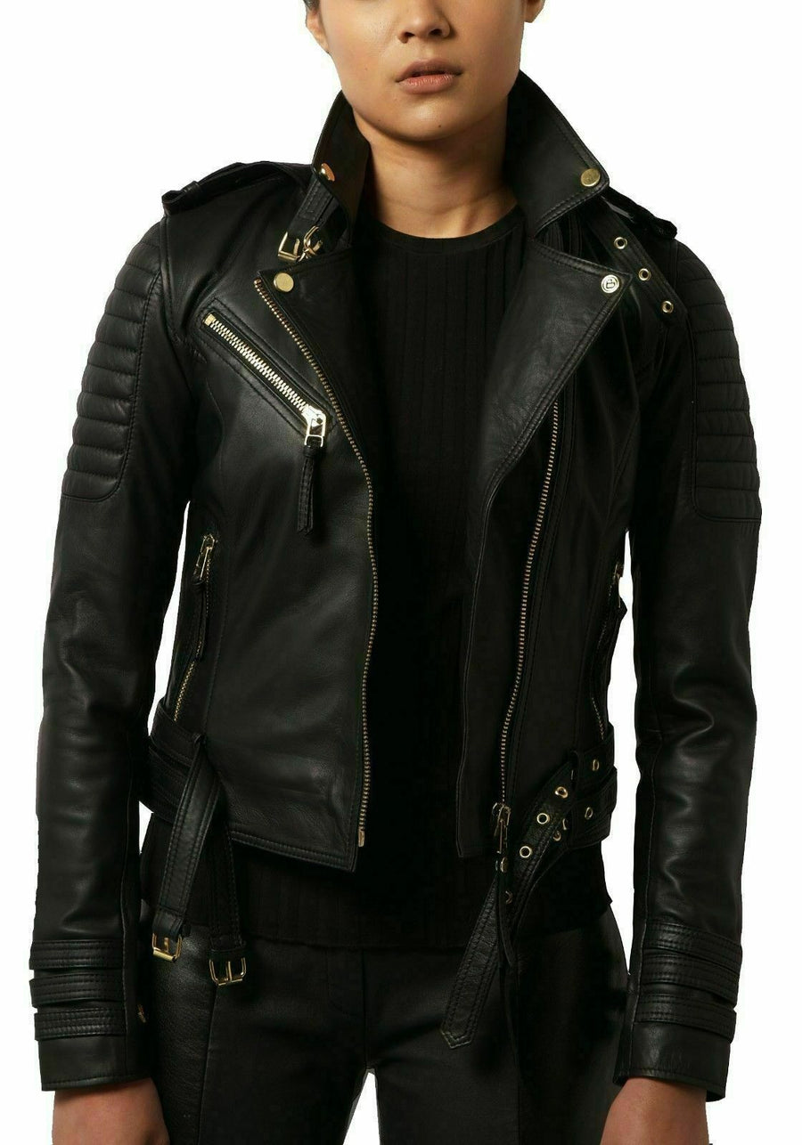 Women Real Lambskin Leather Black Jacket bomber Biker Modern – view 2