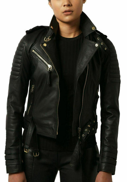 NOORA New Women Genuine Lambskin Leather Black Jacket bomber Biker Modern QD242 - Noora International