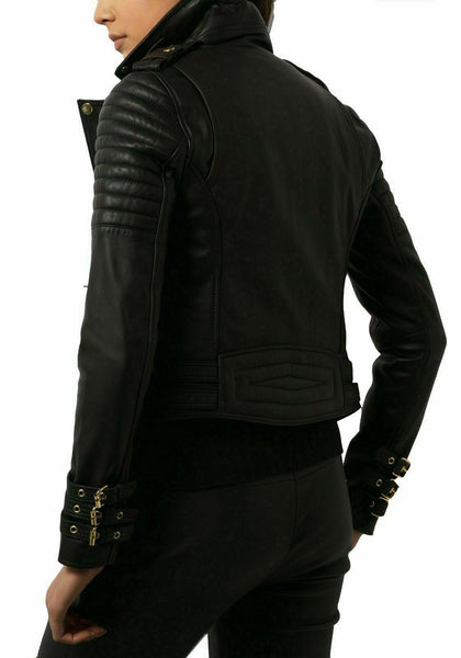 NOORA New Women Genuine Lambskin Leather Black Jacket bomber Biker Modern QD242 - Noora International