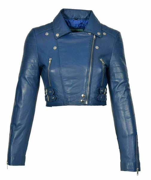 NOORA New Women Genuine Lambskin Leather Cropped Blue Jacket Modern Biker : QD250 - Noora International