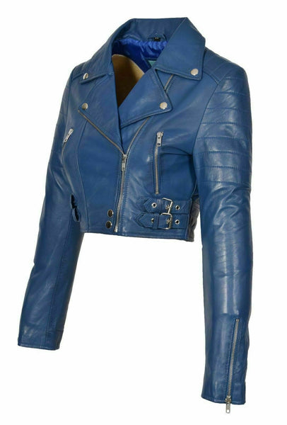 NOORA New Women Genuine Lambskin Leather Cropped Blue Jacket Modern Biker : QD250 - Noora International