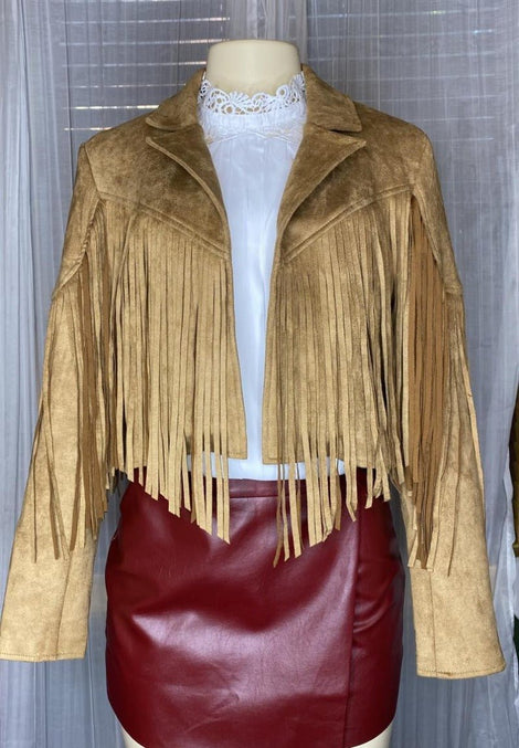 Women Golden Tan Suede Leather Fringe Jacket, Western Cow Girls Style Fringe Jacket