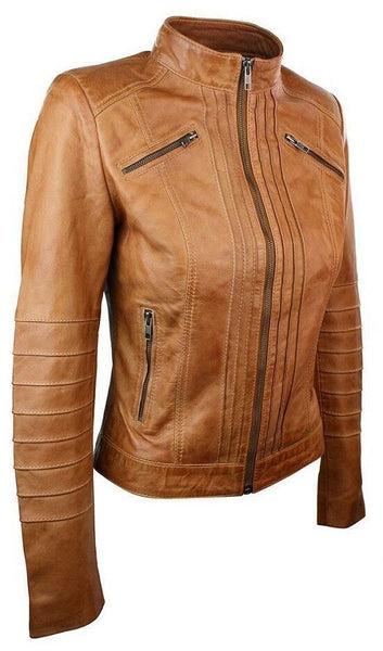 NOORA New Women Ladies Biker Brown Genuine Real Leather Jacket BS-107 - Noora International