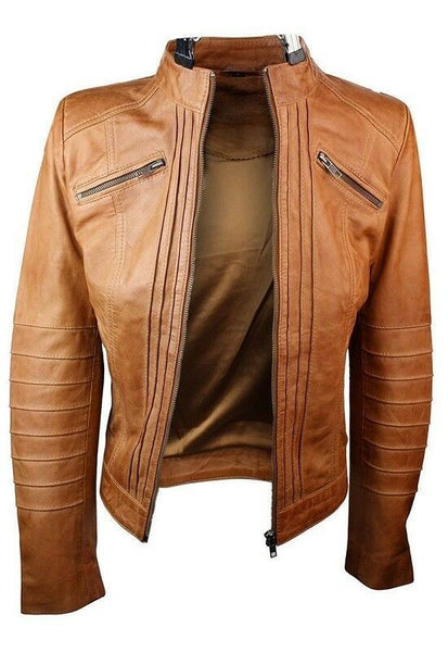 NOORA New Women Ladies Biker Brown Genuine Real Leather Jacket BS-107 - Noora International
