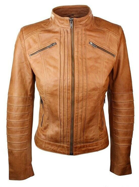 NOORA New Women Ladies Biker Brown Genuine Real Leather Jacket BS-107 - Noora International