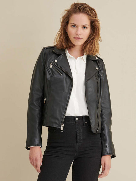 NOORA NEW Women & Ladies Stylish Party Casual Wear FASHIONABLE Asymmetrical Black Biker Leather Jacket, Moto Girl's Jacket - Noora International